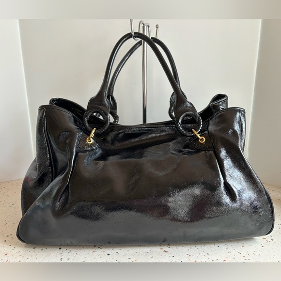 Beverly Feldman Black Patent Leather Large Handbag with Animal Print Interior‎ - Picture 3 of 15